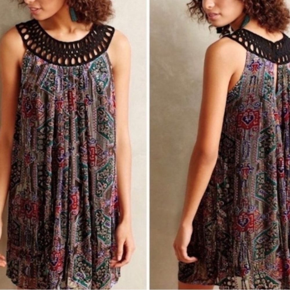 Moulinett Soeurs Bohemian Sleeveless Dress with Black Crochet Neckline, Size L.